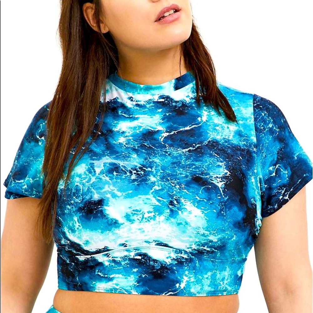 Torrid Blue Ocean Wireless Crop Rash Guard EUC